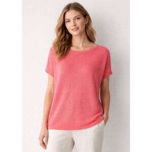 Eileen Fisher Small Loose Knit Sweater Top Coral Organic Linen Short Sleeves